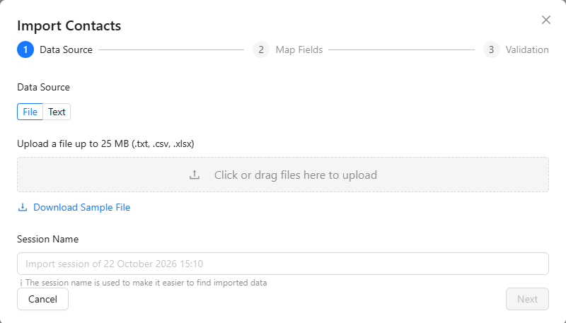 Import Contacts dialog on the Data Source step with File and Text, the upload area, Download Sample File and Session Name.