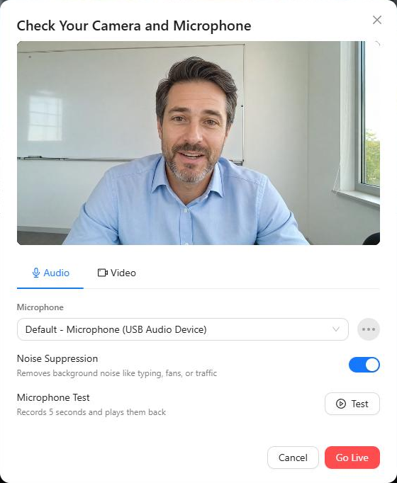 Check Your Camera and Microphone window for the guest: camera preview, Audio and Video tabs, the microphone list, Noise Suppression, Microphone Test, Cancel and Go Live.