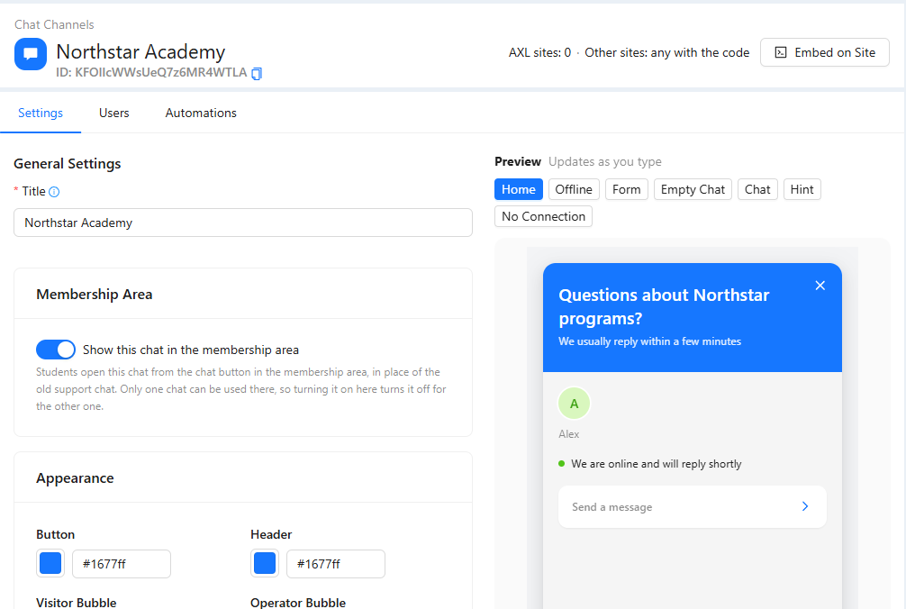 Website chat channel Northstar Academy with AXL sites: 0, Embed on Site, the General Settings and Appearance fields and the chat preview.
