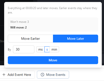 Move Events popover with affected-event counts, direction, amount, and time units.