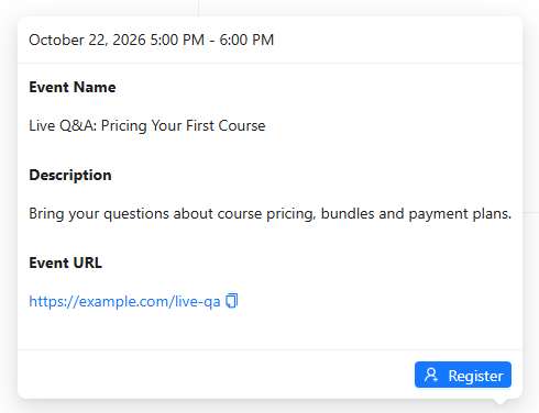 Event details in the membership portal with the date and time, the event name, the description, the event URL and the Register button.