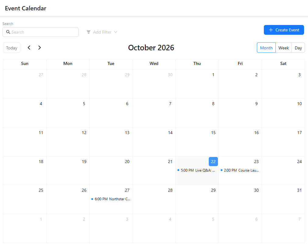 Event Calendar in Month view for October 2026 with three events: Live Q&A, Course Launch Workshop and Northstar Community Meetup.