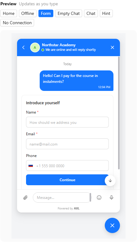 Preview in the Form state: the visitor's question about paying in installments and the Introduce yourself form with Name, Email and Phone and the Continue button.