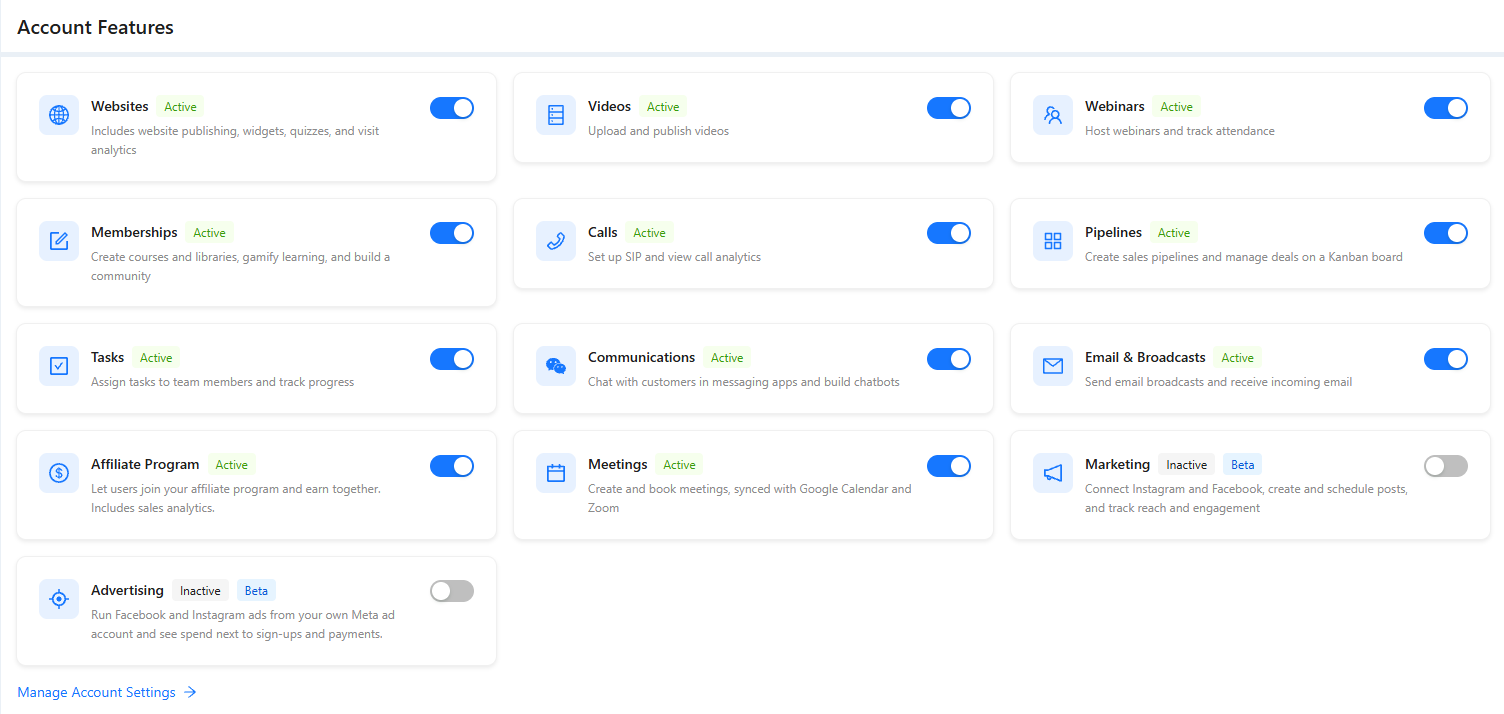 Account Features page with the Calls feature switch among the other account features.