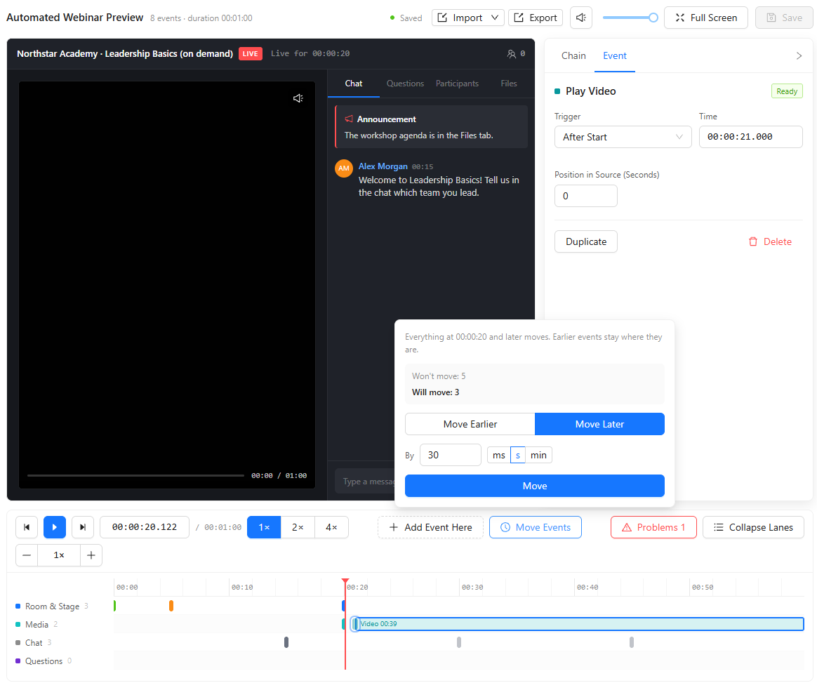Move Events window opened from the timeline at 00:00:20: 5 events won’t move and 3 will, Move Earlier and Move Later, By 30 seconds, and the Move button.
