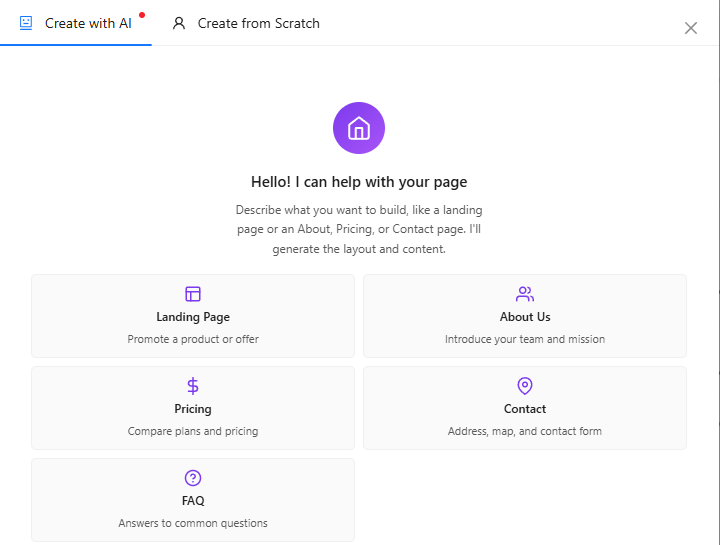New page dialog on Create with AI with the Landing Page, About Us, Pricing, Contact and FAQ starting points.