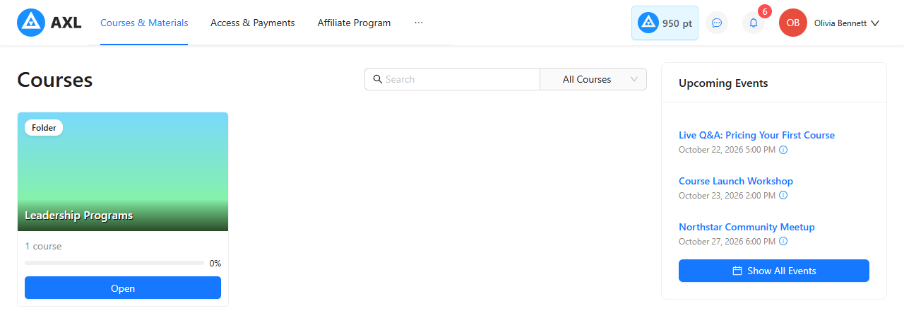 Membership portal of Northstar Academy with the courses and the Upcoming Events card listing three events and Show All Events.
