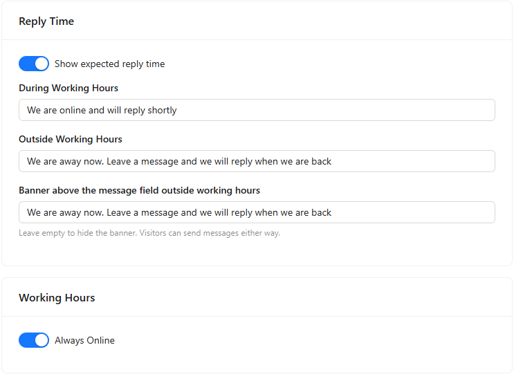 Reply Time card with Show expected reply time on, the texts for during and outside working hours and the banner text, and the Working Hours card with Always Online on.