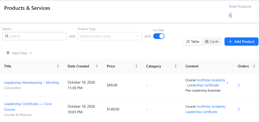 Products & Services list with Add Product and two Northstar products with their price, content and orders.