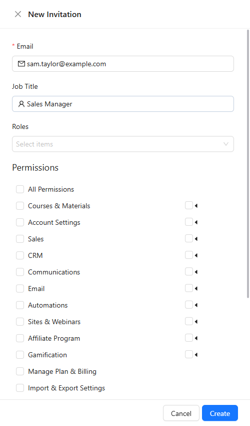 New Invitation panel with an example email and job title, Roles, the Permissions list, Cancel and Create.