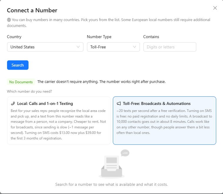 Connect a Number dialog with Country United States, Number Type Toll-Free, the No Documents note, and the Local and Toll-Free cards explaining what each type is for.