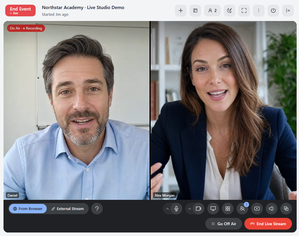 Grid view in What viewers see: Daniel and Alex Morgan side by side on the stage.