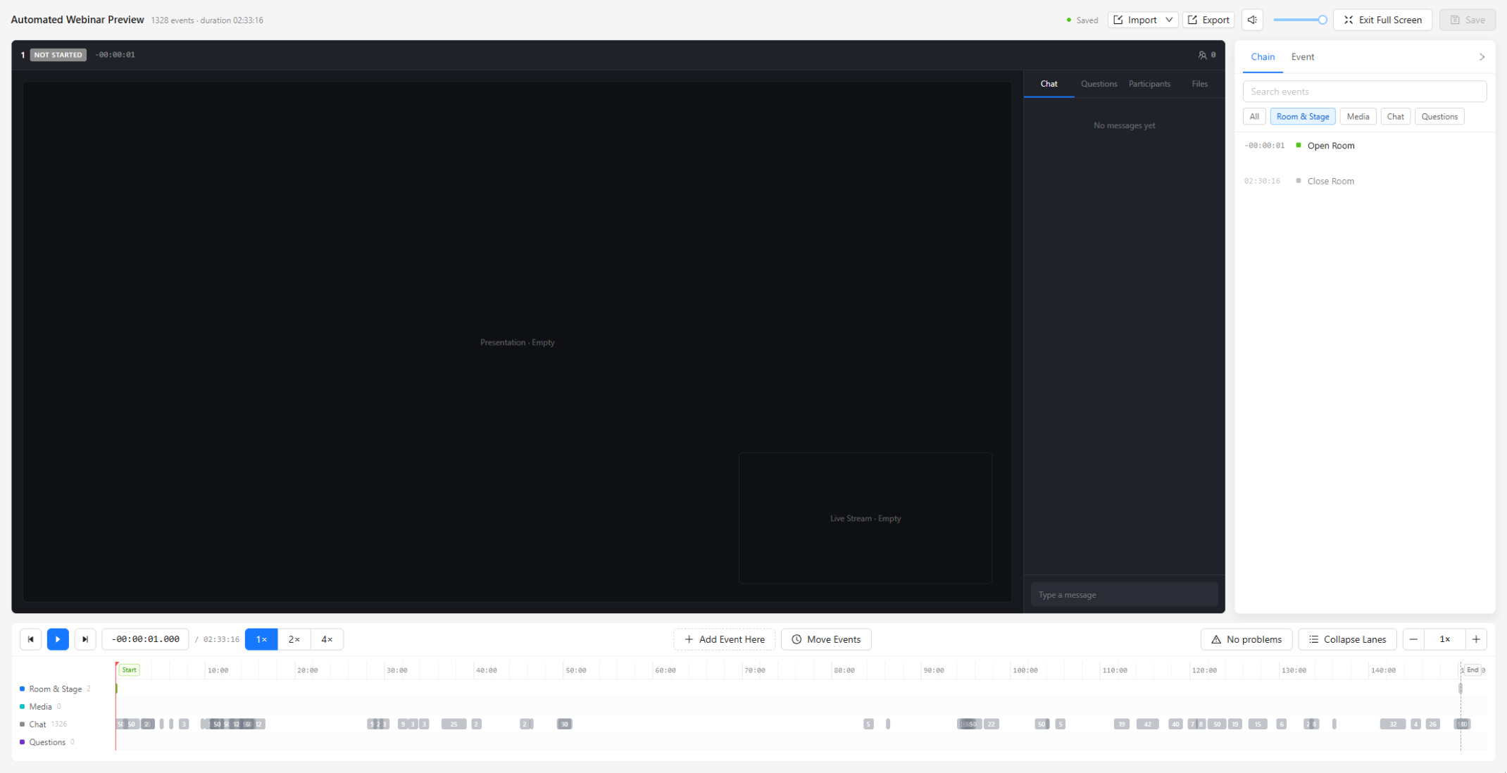 Automated Webinar Preview with Saved, Import, Export, playback controls, Chain, Add Event Here and four timeline lanes; empty stage.