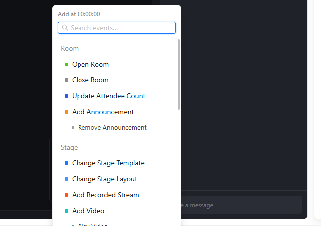 Add Event Here menu at the playhead with Room and Stage events.