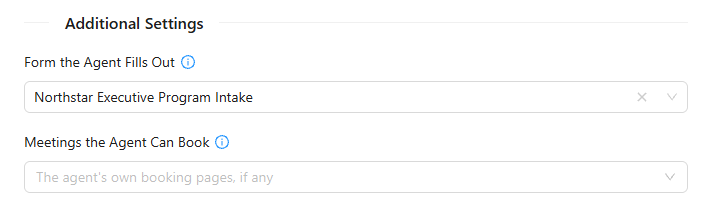Additional settings with the form the agent fills out and the meetings the agent can book.