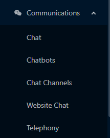 Left menu with Communications expanded: Chat, Chatbots, Chat Channels, Website Chat and Telephony.