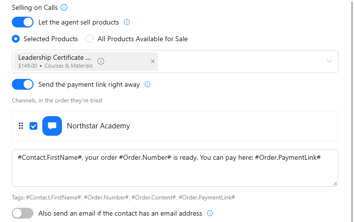Selling on Calls with a selected product, a chat channel and the payment-link message, and the email option.