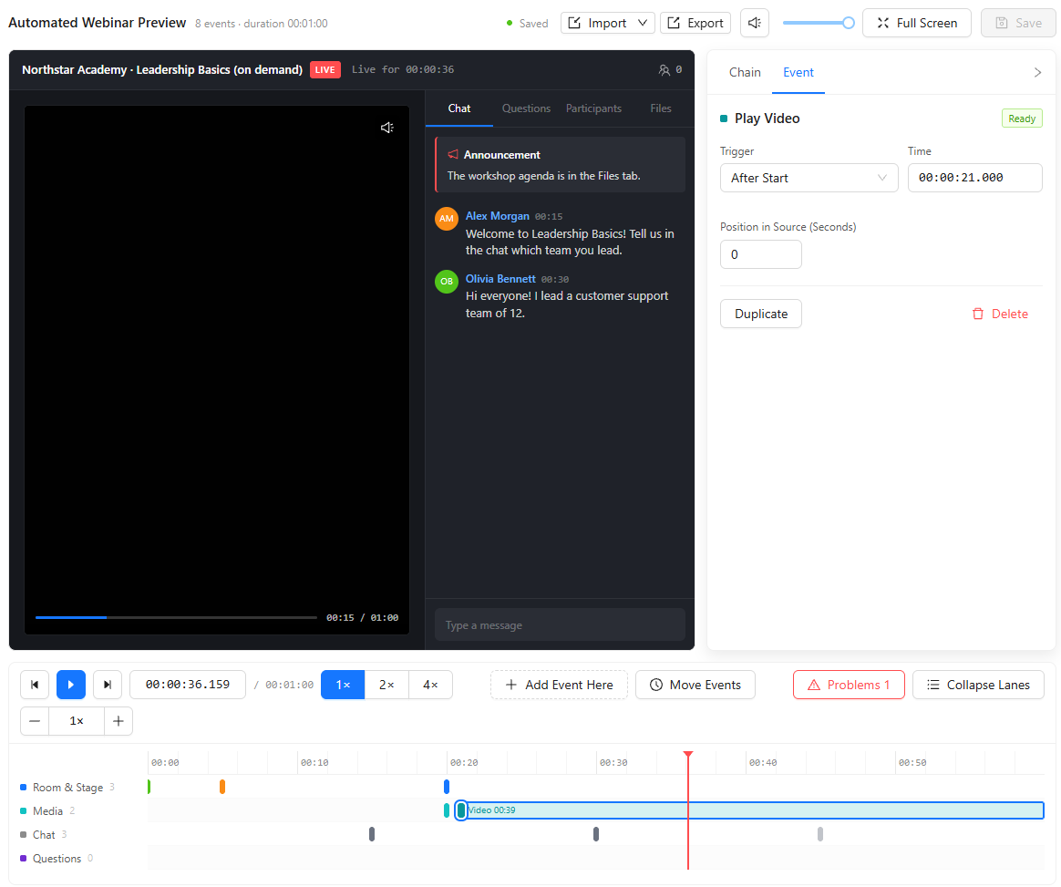 Automated Webinar Preview of the Leadership basics template at 00:00:36: the Media lane shows the Add Video event at 00:20 and the Play Video bar starting at 00:21, which you can drag along the timeline.