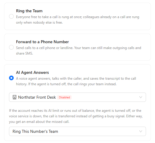 AI Agent Answers selected with the Northstar Front Desk voice agent and the fallback set to Ring This Number’s Team.