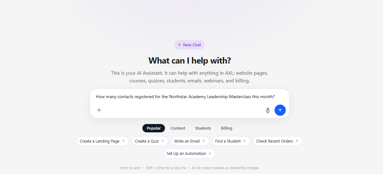 AI Assistant start screen with a question about Northstar Academy masterclass registrations typed in the message field.