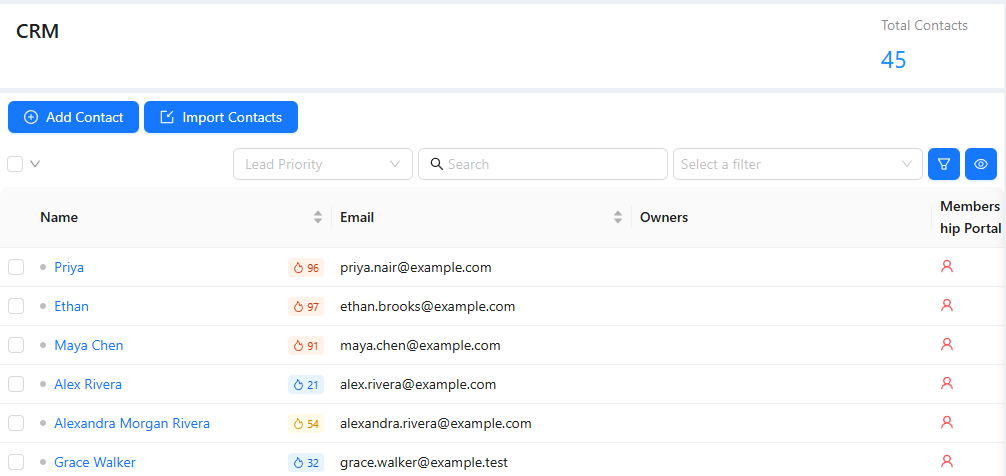 CRM contact list with the Add Contact and Import Contacts buttons, search and filters, and demo contacts.