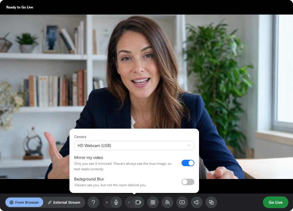 Camera settings over the presenter preview: the camera list, the Mirror my video switch and the Background Blur switch.