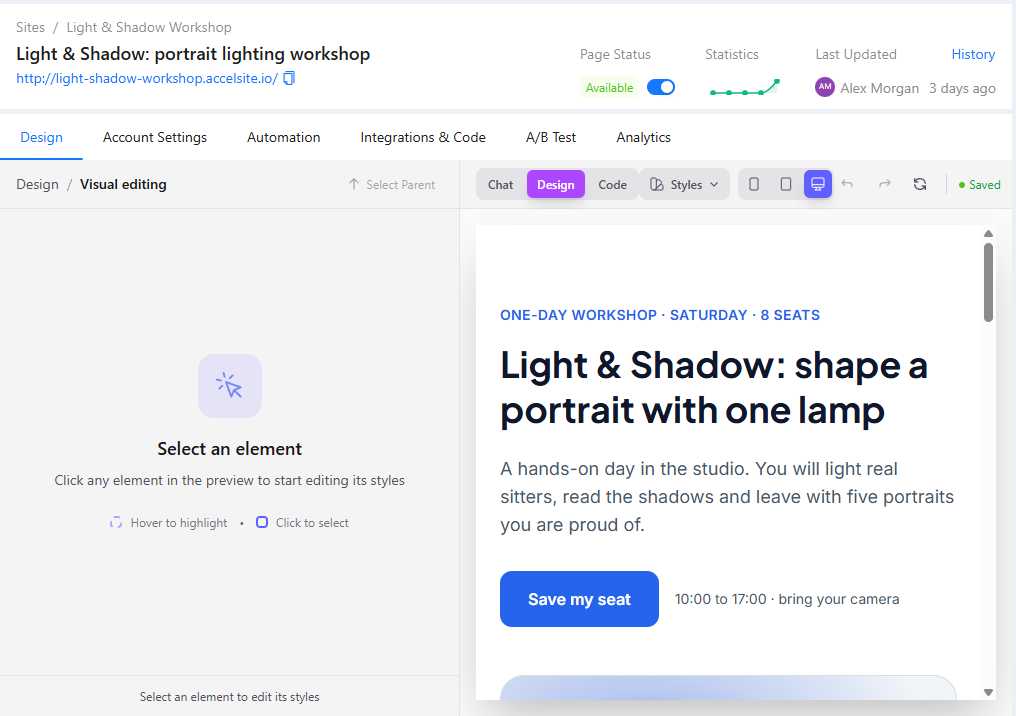 Page editor of Light & Shadow: portrait lighting workshop with Page Status Available, the Chat, Design and Code modes and the page preview.