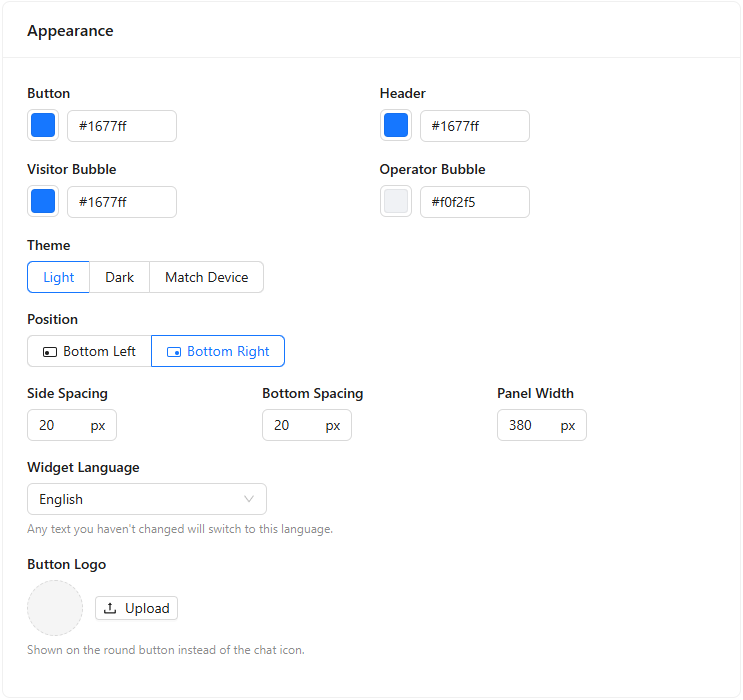 Appearance card with Button, Header, Visitor Bubble and Operator Bubble colors, Theme Light, Position Bottom Right, Side and Bottom Spacing 20 px, Panel Width 380 px, Widget Language English and Button Logo Upload.