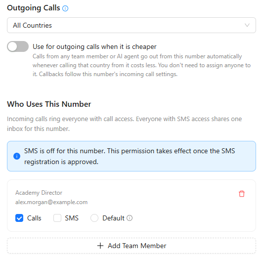 Outgoing Calls set to All Countries, the Use for outgoing calls when it is cheaper switch, and Who Uses This Number with a team member who has Calls permission and Add Team Member.