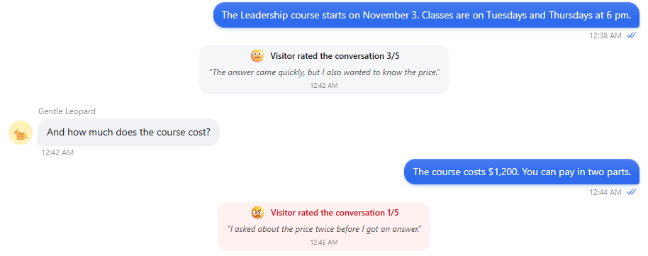 Conversation in the inbox with the lines Visitor rated the conversation 3/5 and 1/5 and the visitors’ comments; the 1/5 line is highlighted.