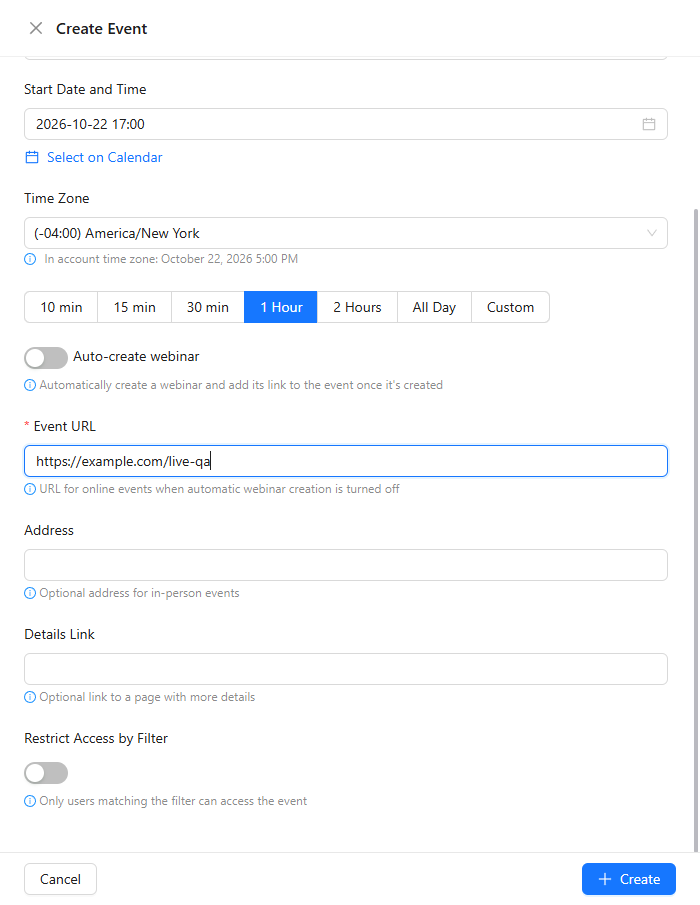 Lower part of the Create Event panel with Auto-create webinar, Event URL, Address, Details Link and Restrict Access by Filter.