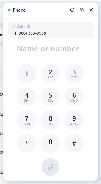 Phone window with the caller ID number, the Name or number field and the keypad.