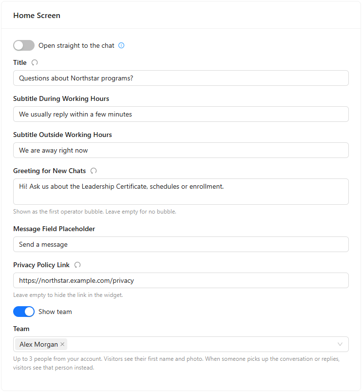 Home Screen card: Open straight to the chat off, Title Questions about Northstar programs?, both subtitles, the greeting about the Leadership Certificate, placeholder Send a message, the privacy policy link, Show team on and Alex Morgan in Team.