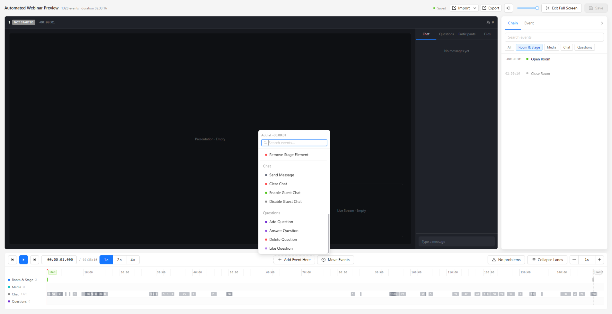 Add Event Here menu scrolled to Chat and Questions actions, with its full bottom border visible.