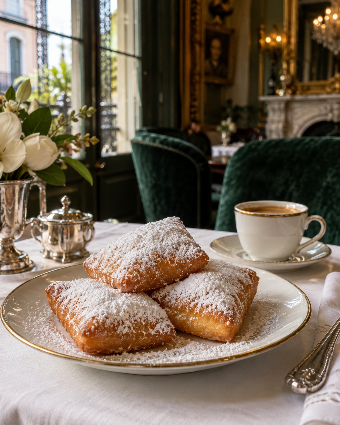 Sugar-dusted beignets on fine porcelain in an elegant French Quarter-inspired salon