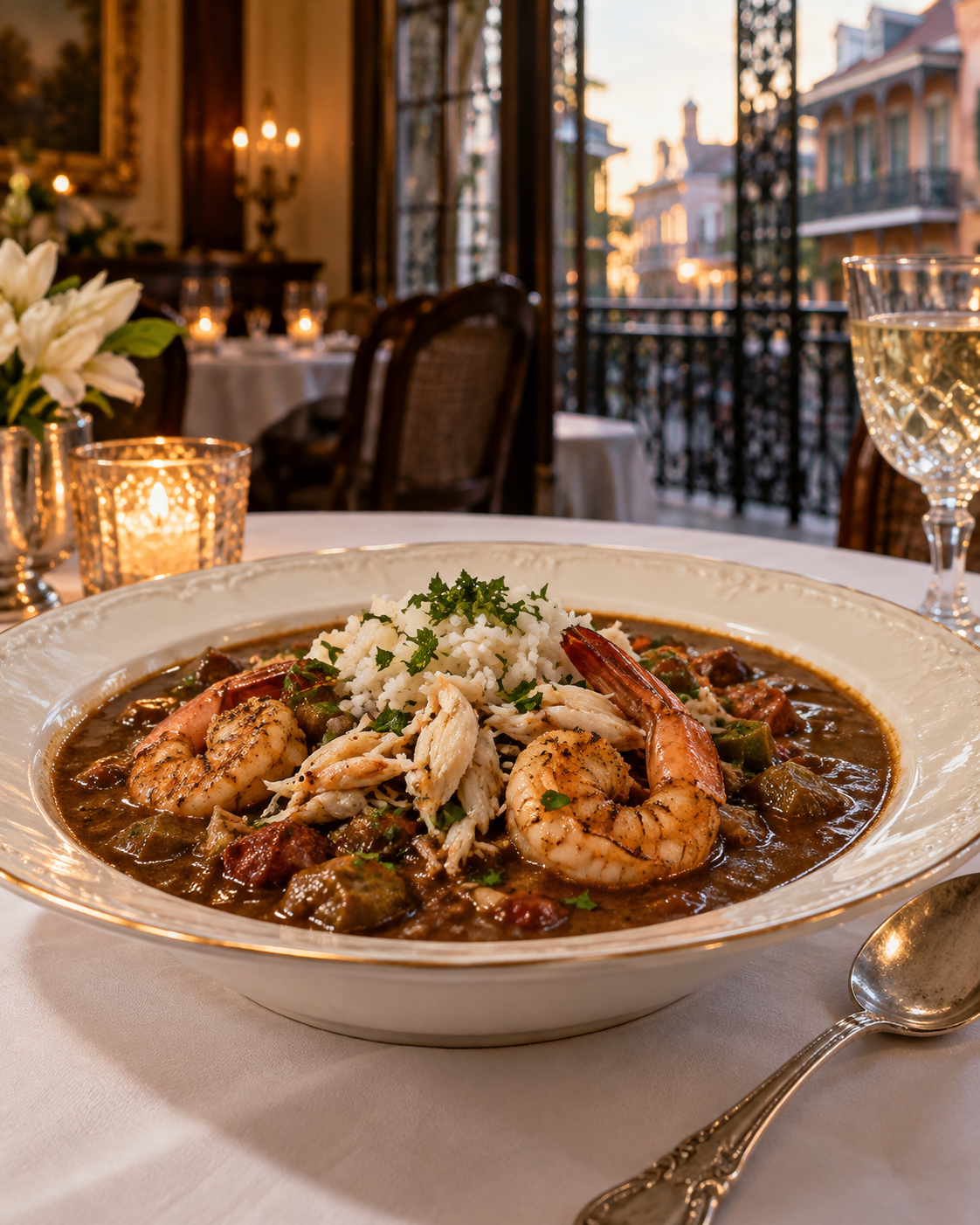 Beautifully presented seafood gumbo at a candlelit fine-dining table