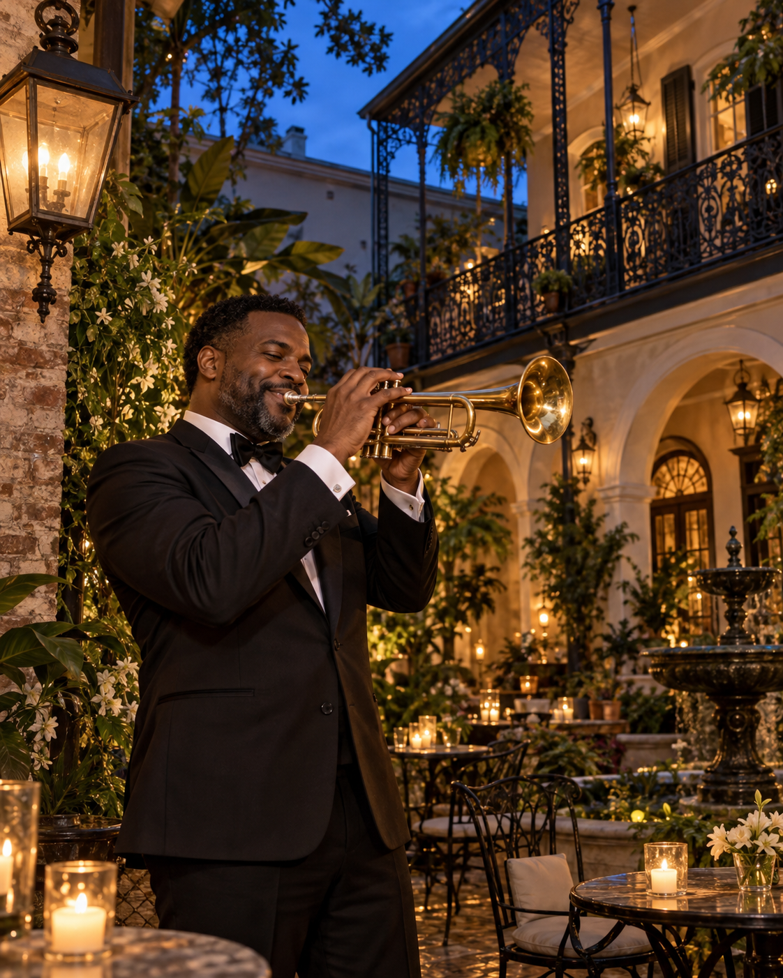 A tuxedo-clad jazz trumpeter in a lantern-lit French Quarter-inspired courtyard