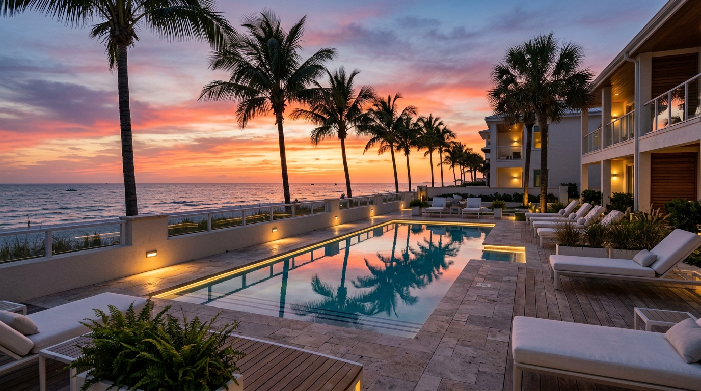 A Gulf-front terrace and pool at sunset in Clearwater, Florida