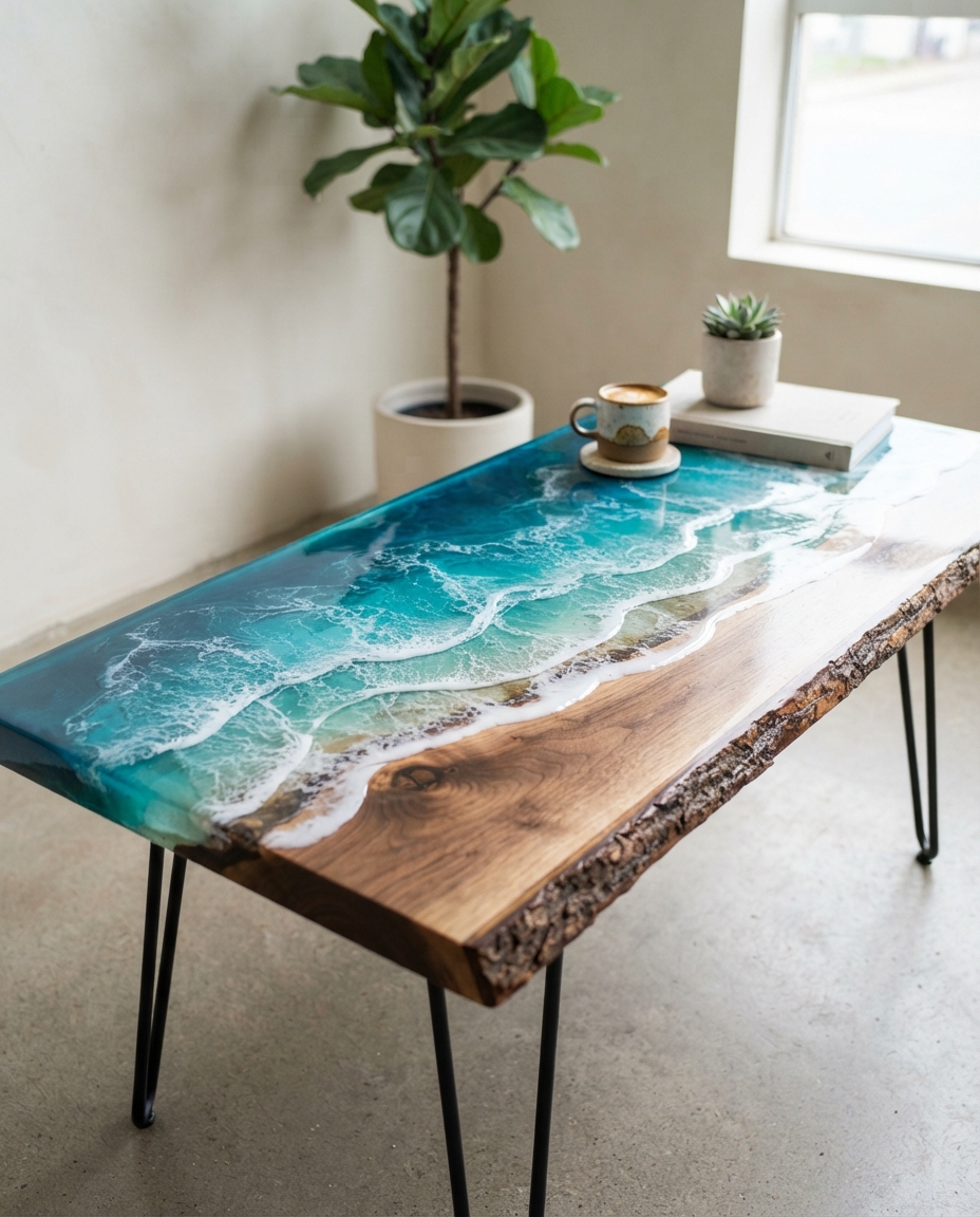 Handcrafted epoxy resin ocean table with 3D waves and realistic sea foam