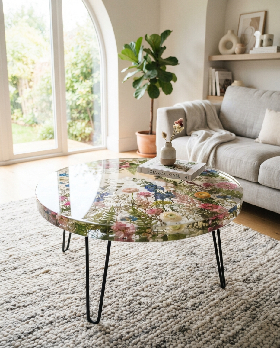 Finished bespoke round epoxy table with preserved dried botanical flowers